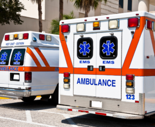 2 ambulances in a parking lot