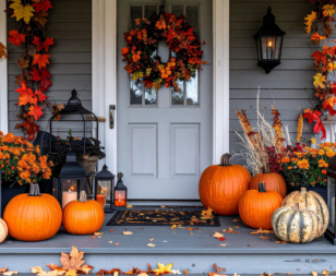 pumpkins and fall leaves on a porch