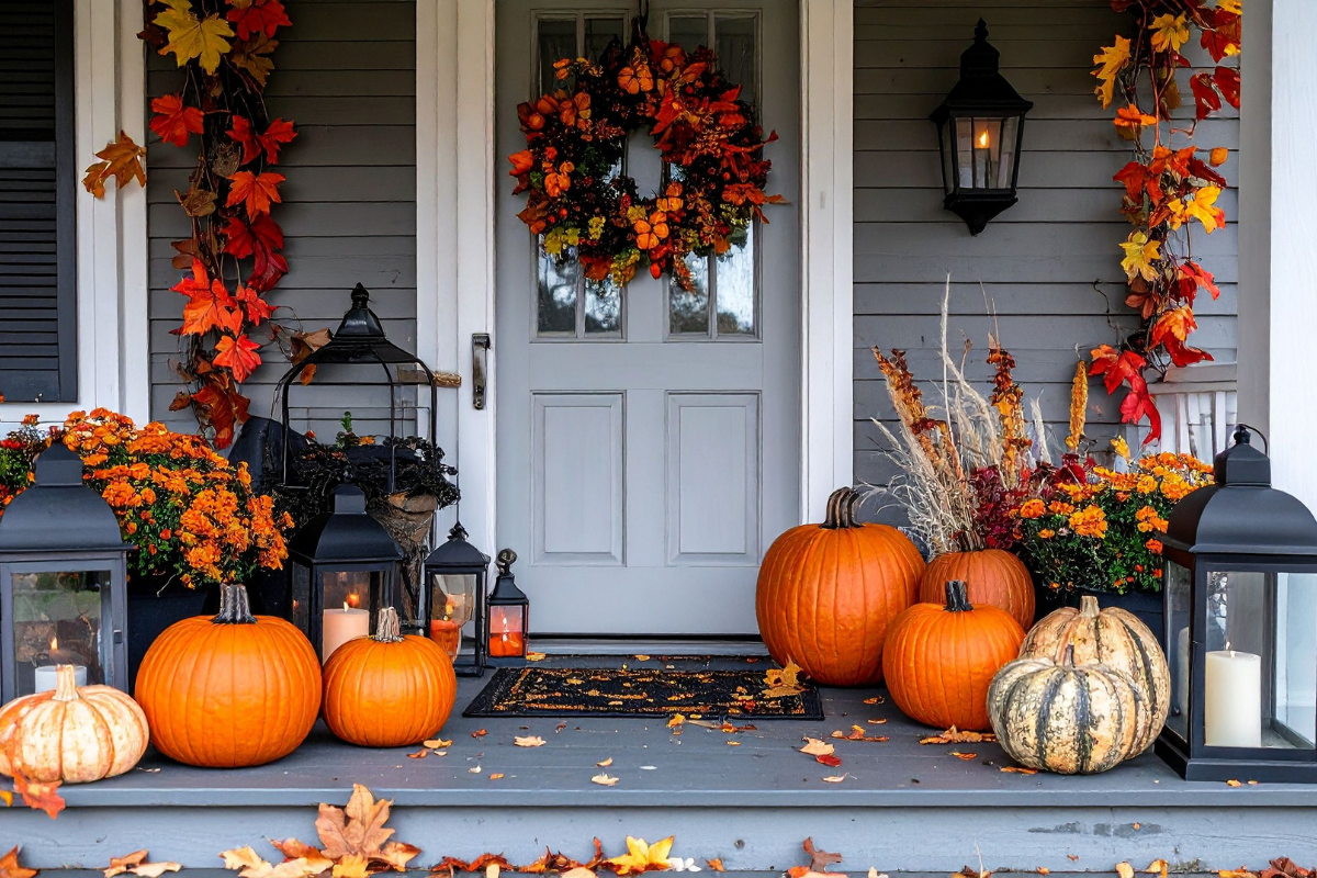 pumpkins and fall leaves on a porch